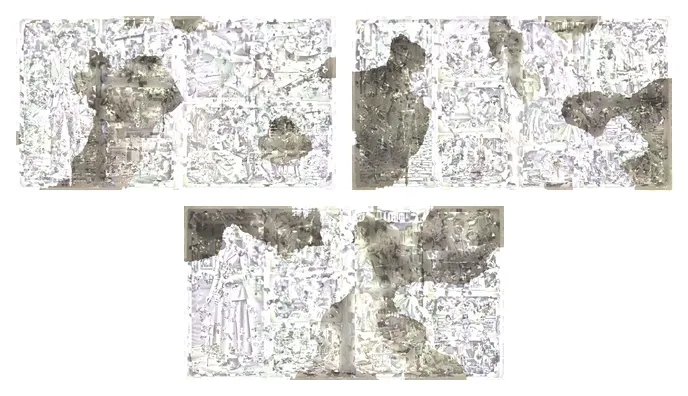 Three layers combining into a single image, then separating.