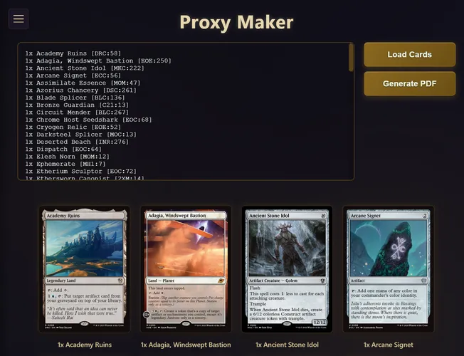 Screenshot of Magic the Gathering proxy website.